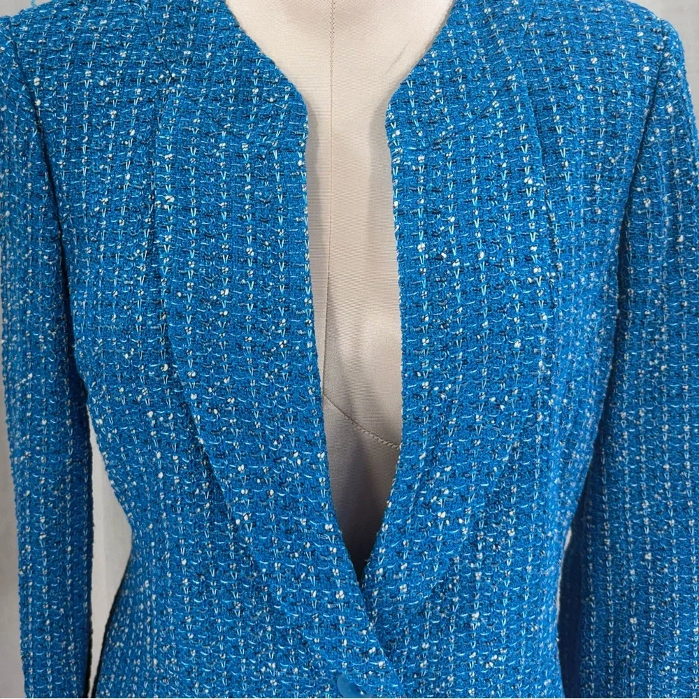 ST. JOHN Knits Boucle Tweed Blazer Wool Blend Stretch Blue White Jacket Size 10 - Picture 5 of 13